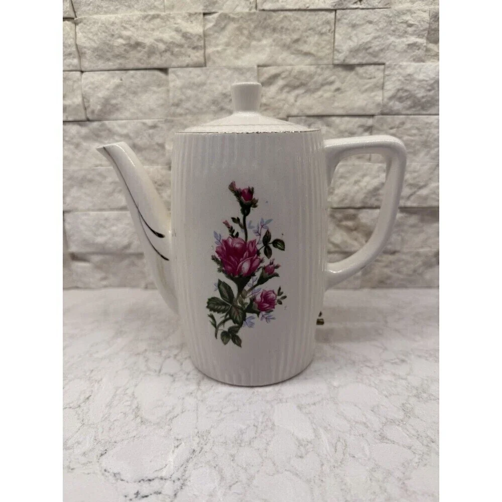 Vintage Electric Tea Kettle Coffee Pot Porcelain Rose with Gold Trim 6” Japan
